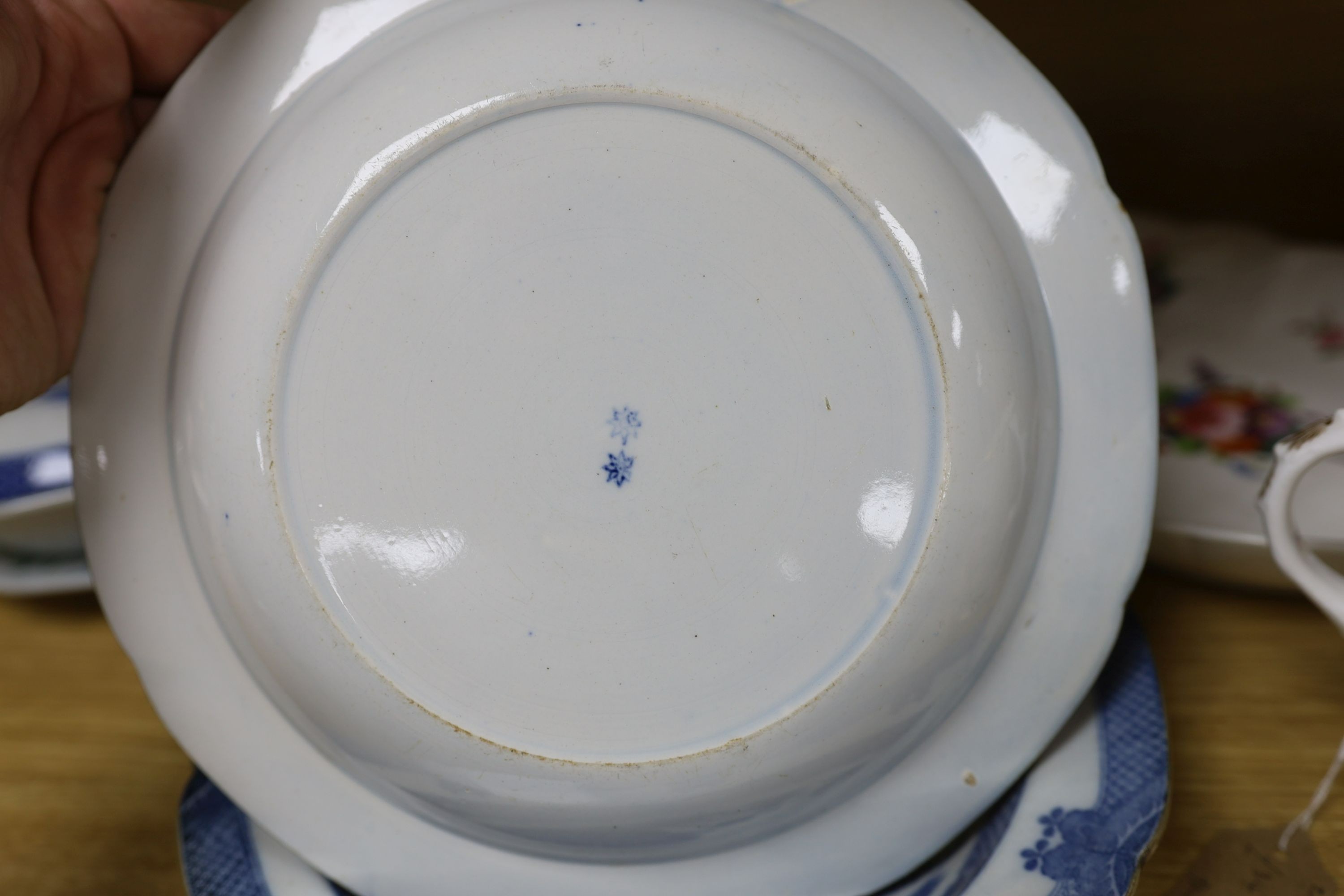 A pair of early 19th century pearlware plates, Leeds pottery tureen and cover, Coalport dessert dish. Spode serving plate and two mugs